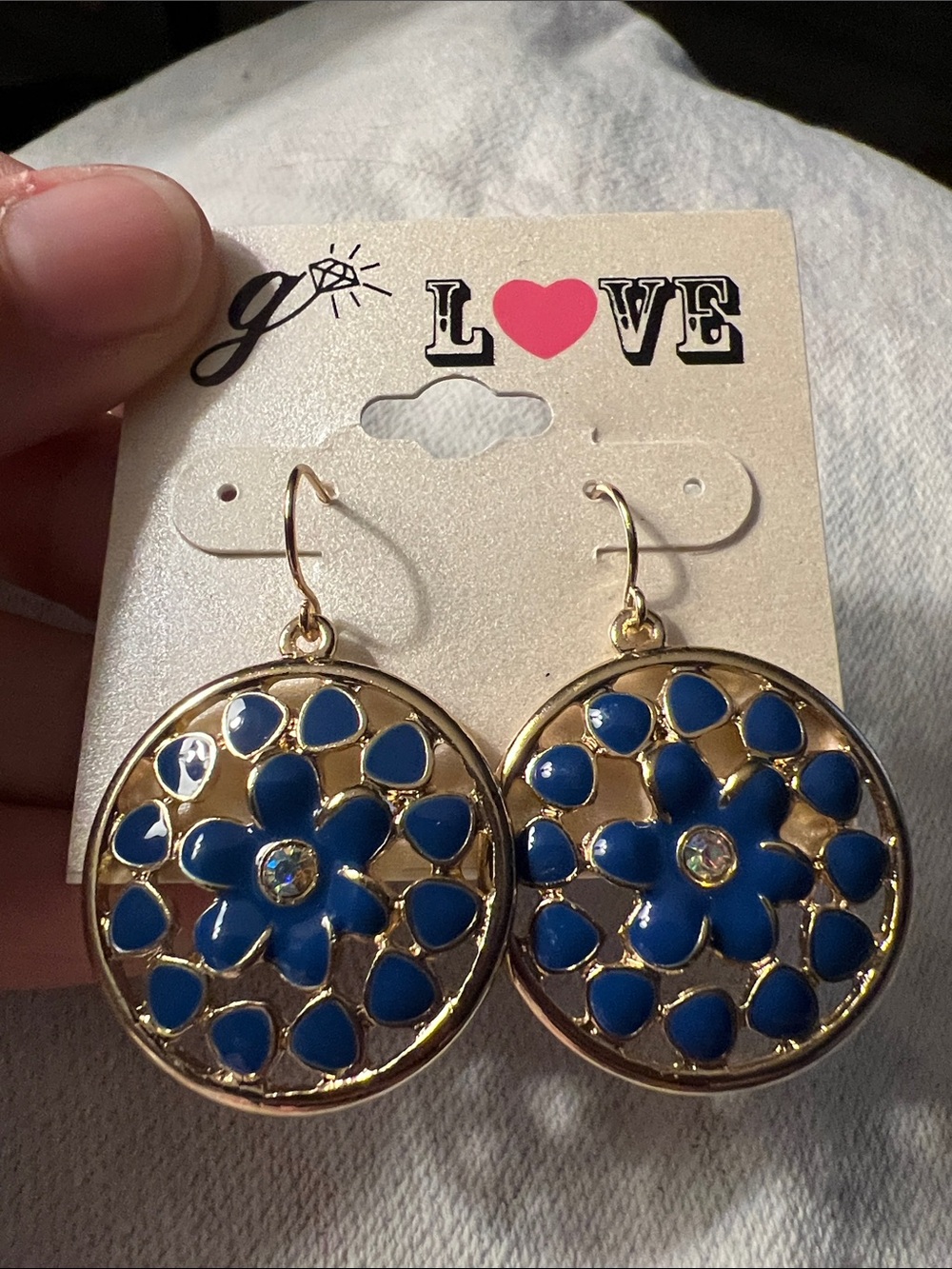 3/$18 g Love Gold-Tone Earrings with Blue Floral Motif Lot 567